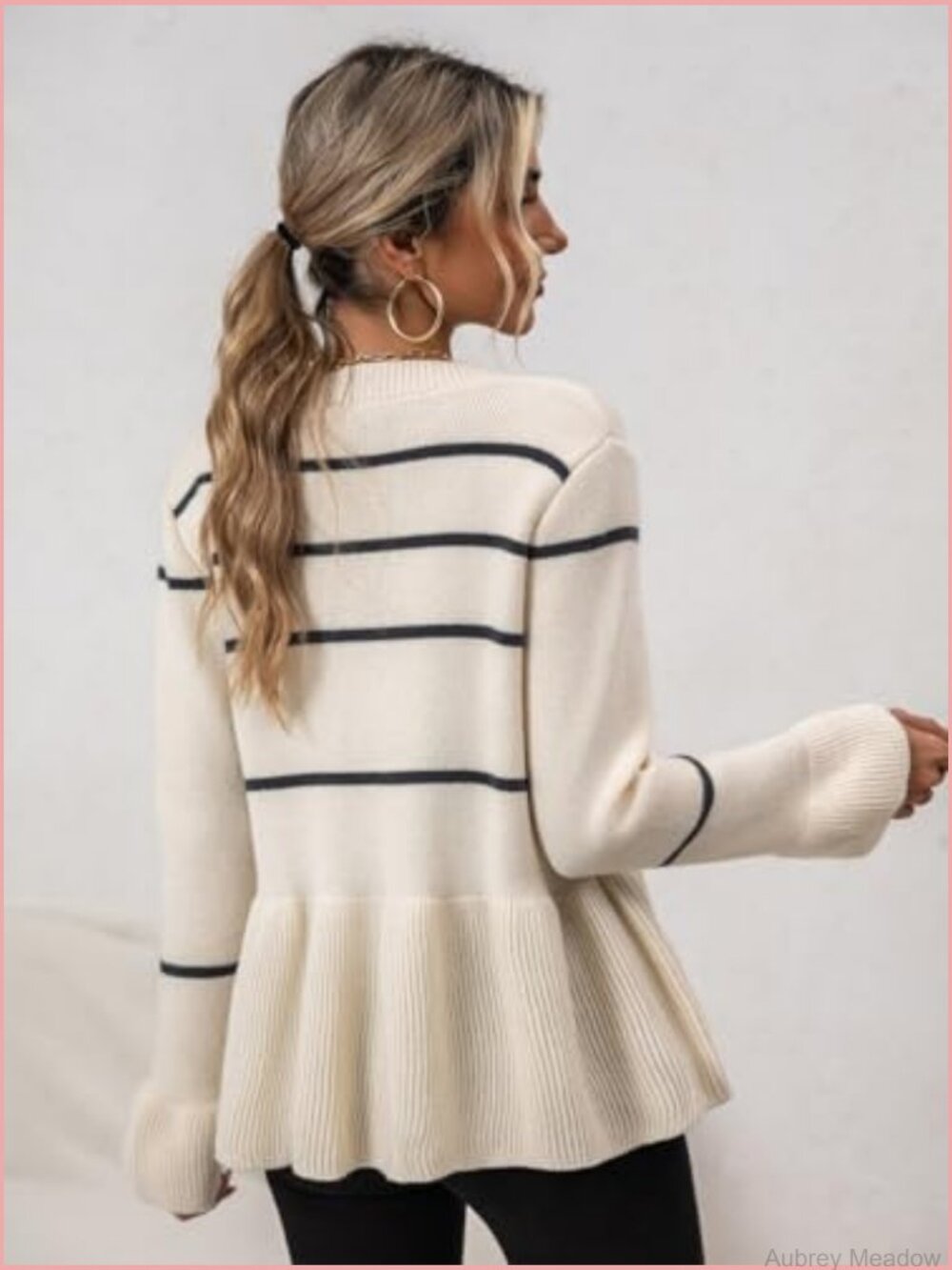 Striped V-Neck Cardigan with Flared Hem - Soft Knit Button Down - Picture 6 of 7